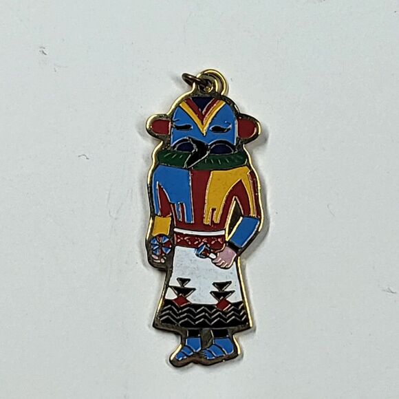 Kachina Doll Enamel Charm Vintage Goldtone 1970s - Picture 1 of 5